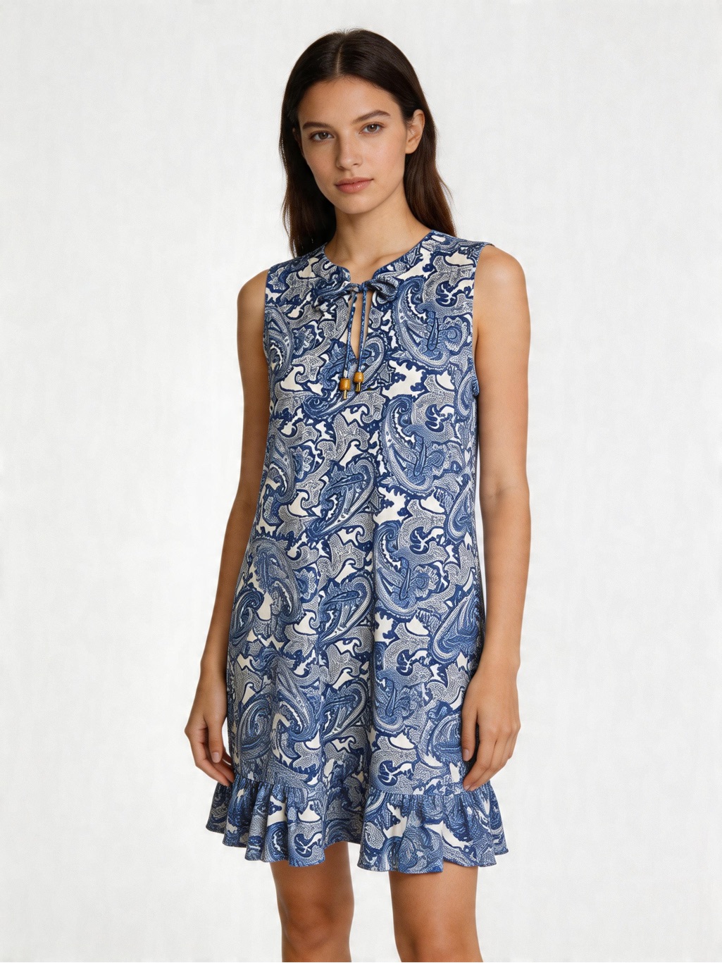 Michael Kors Sleeveless Blue White Paisley Dress Ruffles Bow Tie Small Elastane